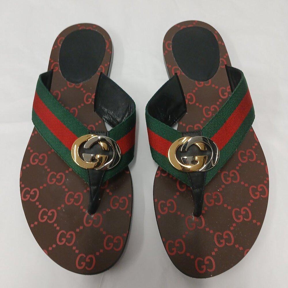 Gucci Brown Red and Green GG Web Logo Thong Sandals with Gold Hardware